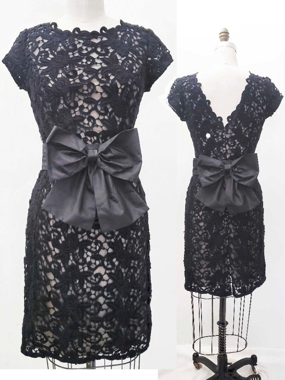 CHETTA B Women's Black Cotton Lace Illusion Short Sleeve Dress Bow Belt 8
